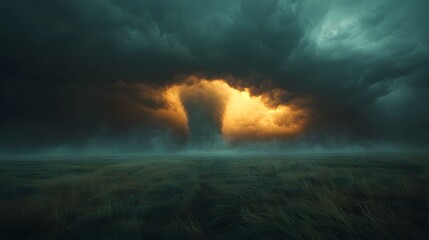 Dramatic supercell tornado in prairie landscape with threatening storm clouds, showing powerful weather phenomenon against dark sky with moody lighting and cinematic composition.