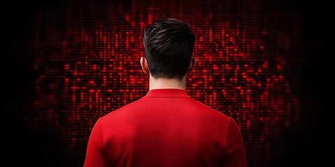 2025 business analytics concept. A figure in a red shirt faces a dark, digitized background, evoking themes of technology, mystery, and introspection.