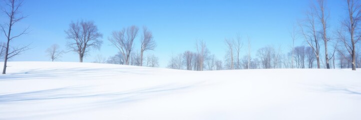 Fototapeta premium Snow-covered landscape with bare trees and clear blue sky in the background, minimalist
