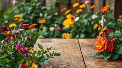 Naklejka premium rustic wooden table surrounded by vibrant flowers and lush greenery in the foreground with a soft focus effect, wooden, flowers, springtime