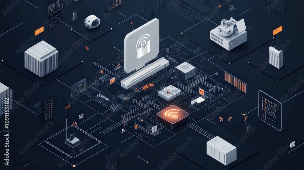 Aufkleber an ai system processing data, with each step showing transformation from raw inputs to smart, automa