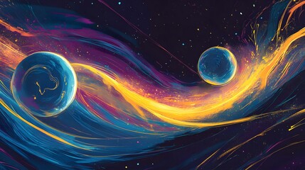 Abstract wallpaper for a mobile phone, featuring vibrant blue and purple hues with yellow brush strokes in the style of Planet Saturn