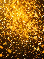 Shiny golden confetti explodes in the air, creating a festive and celebratory atmosphere, gold