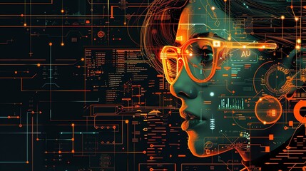Futuristic woman profile with digital overlay.