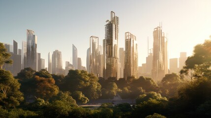 Obraz premium Modern high-rise buildings with minimalist architectural designs bathed in the soft golden light of the early morning sun, surrounded by calm urban greenery 