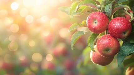 Obraz premium Fresh&nbsp;red apples on tree branch with green leaves, captured in morning light with natural bokeh effect, showing vibrant orchard scene with dew drops and harvest season atmosphere.
