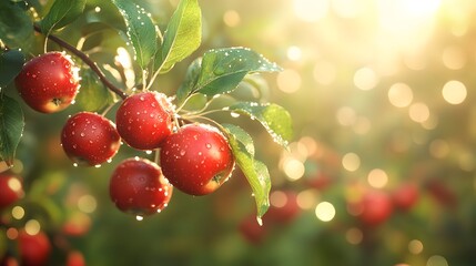 Obraz premium Fresh&nbsp;red apples on tree branch with green leaves, captured in morning light with natural bokeh effect, showing vibrant orchard scene with dew drops and harvest season atmosphere.