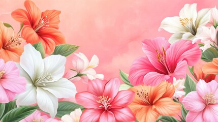 Vibrant Floral Arrangement of Colorful Tropical Flowers on Soft Pink Background for Design, Decoration, and Creative Projects