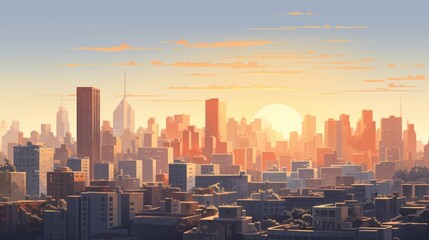 Fototapeta premium Urban skyline with sleek, innovative buildings highlighted by the gentle glow of sunrise, casting long shadows and creating a serene morning atmosphere 