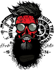 Tête de mort à moustache et crâne à barbe hipster skulls, never trust the living. horloge du temps.