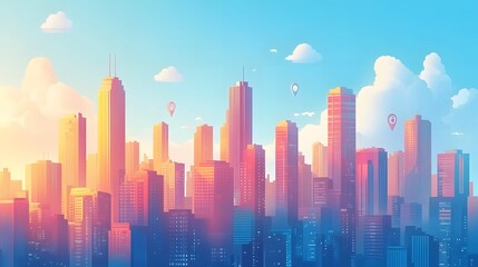 Fototapeta premium Modern cartoon&nbsp;cityscape with colorful buildings and floating tech icons, depicting&nbsp;a smart city concept with social media symbols and connected urban&nbsp;elements in bright, minimal vector style.