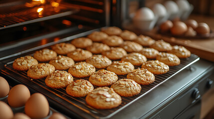 Classic oven where almond biscotti are baking neatly alongside the setup for preparation almonds eggs and flour scattered around with a cooling rack awaiting the final result
