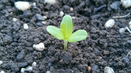 Fresh Green Seedling Emerging from Dark Soil in Garden Environment, Symbolizing New Beginnings and Growth in Nature's Cycle of Life