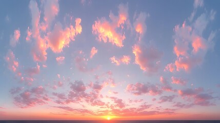 Fototapeta premium Panoramic sunset skyscape&nbsp;filled with dramatic pink and orange clouds, creating an&nbsp;ethereal atmosphere with soft pastel colors and wispy formations in peaceful evening light.