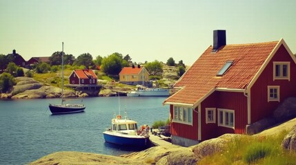 Obraz premium Peaceful Coastal Scene with Colorful Houses and Boats in a Serene Harbor Surrounded by Nature and Rocky Shoreline in Beautiful Daylight