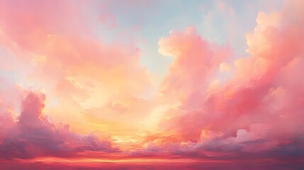 Naklejka premium Panoramic sunset skyscape&nbsp;filled with dramatic pink and orange clouds, creating an&nbsp;ethereal atmosphere with soft pastel colors and wispy formations in peaceful evening light.