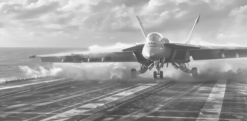 A fighter jet takes off from an aircraft carrier, showcasing military aviation in action over the ocean.