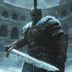 Majestic Warrior in Frosty Armor Brandishing an Icy Sword in an Ancient Colosseum Surrounded by a Wintry Landscape Under a Gloomy Sky