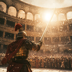 Dramatic Gladiator Battle Scene in Ancient Arena with Crowd Cheering and Dust Rising Under a Bright Sunlight in an Epic Historical Setting