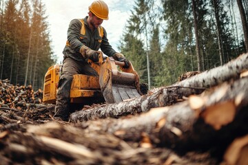 Logger operates machinery to move timber in a forest during bright daylight