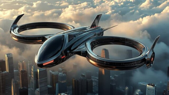 Futuristic passenger drone flying over a megalopolis