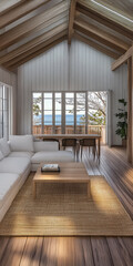 Obraz premium Cozy coastal living room with large windows overlooking the ocean at sunrise