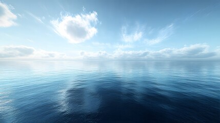 Obraz premium Tranquil seascape capturing a perfect mirror reflection of wispy clouds in pristine blue waters, creating&nbsp;a serene panoramic view with soft natural lighting and atmospheric&nbsp;depth.
