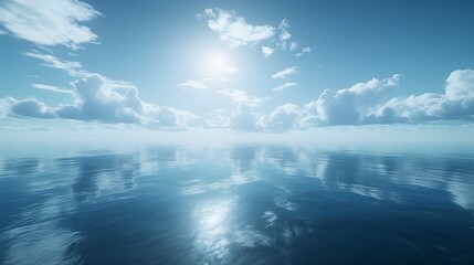 Fototapeta premium Tranquil seascape capturing a perfect mirror reflection of wispy clouds in pristine blue waters, creating&nbsp;a serene panoramic view with soft natural lighting and atmospheric&nbsp;depth.