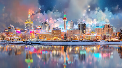 Obraz premium vibrant cityscape at night, showcasing colorful lights reflecting on calm water surface, surrounded by snow. scene captures festive atmosphere with blend of modern architecture