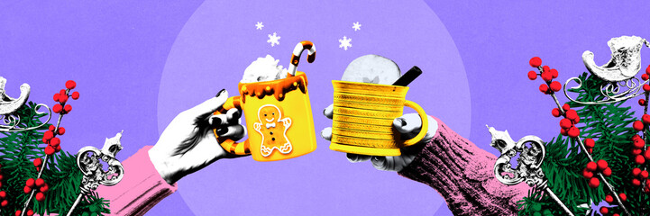 Banner. Contemporary art collage. Hands holding holiday-themed mugs with whipped cream and decor, surrounded by Christmas ornaments and greenery. Concept of Christmas love, presents, festive mood. Ad