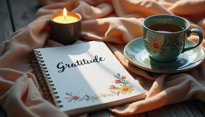Peaceful still life of a "gratitude" journal, candle, and cup of tea, soft light and warm colors, cozy setting evoking a sense of thankfulness and mindfulness, capturing a moment of calm reflection