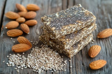 Fototapeta premium Classic Granola Bars with Nuts and Seeds: A stack of granola bars filled with almonds
