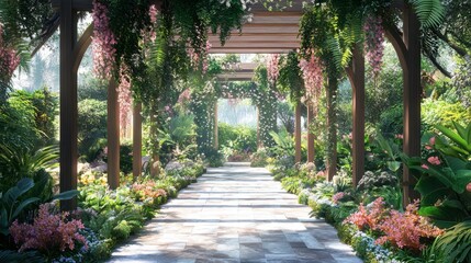 Fototapeta premium Serene Garden Pathway Surrounded by Lush Greenery and Vibrant Flowers in a Tranquil Outdoor Setting, Perfect for Nature Lovers and Garden Enthusiasts