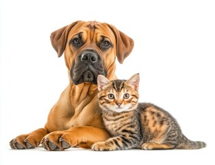 Obraz premium A puppy dog from Bordeaux plays with a kitten from Bengal.