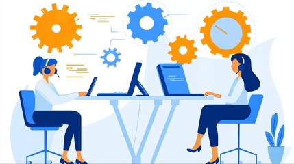 Customer Service Operators with Headsets and Laptops in a Modern Abstract Workspace