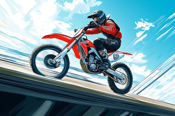 Obraz premium A motorcyclist performs a jump on a dirt bike, showcasing skill and adrenaline in action.