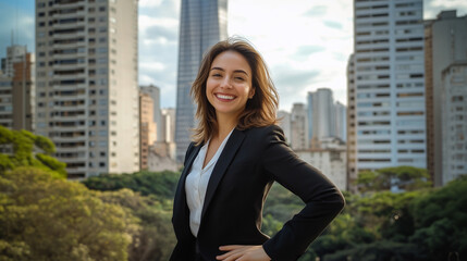 Fototapeta premium Confident latina businesswoman smiling standing outdoors in the city with urban background. 
