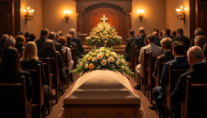 Funeral service with a casket draped in flowers, attendees seated in respectful silence, gentle lighting creating a warm, peaceful glow, traditional and comforting setting