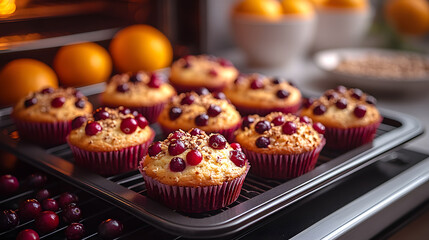 Glowing oven with cranberryorange muffins baking fresh cranberries and oranges scattered across the countertop with mixing bowls and baking trays neatly placed