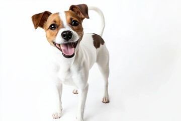Isolated white background with dog Jack Russell Terrier and cat Scottish Straight hugging