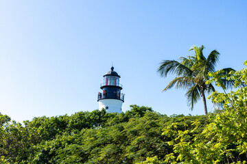 The Key West Lighthouse rises above lush tropical greenery and palm trees under a clear blue sky,...