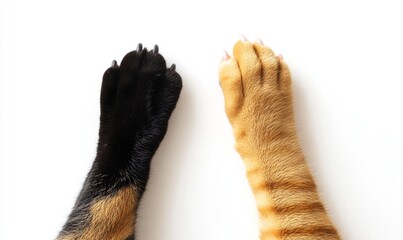 An isolated white background shows two paws of a dog and a cat