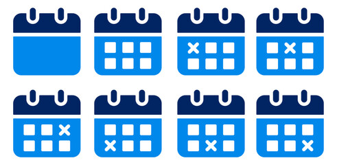 Naklejka premium Calendar icon set. Calendar icon with a cross, representing an unfinished and canceled date, schedule, appointment, agenda, or task.Simple flat vector