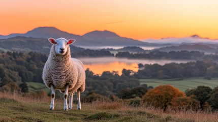 Fototapeta premium Sheep at Sunrise: A solitary sheep stands majestically on a hilltop, overlooking a breathtaking vista of rolling hills, a tranquil lake, and a vibrant sunrise.