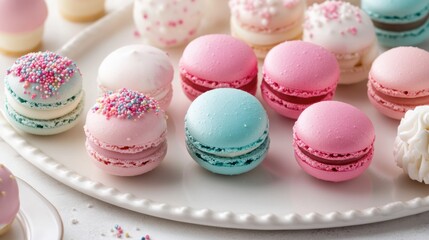 Fototapeta premium Colorful and Delicate Macarons on a Decorative Plate for a Festive Dessert Table, Perfect for Celebrations and Special Occasions with Sweet Treats