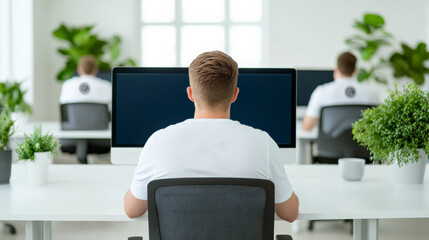 Focused on the Task: A lone programmer sits at his computer, immersed in a project. The image captures the dedication and concentration required for software development.