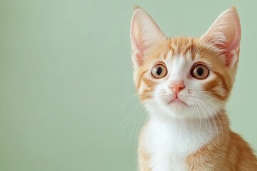An adorable surprised cat with big eyes on a green background is a funny pet.