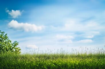 Obraz premium Green grass and blue sky A wide, grassy field under the clear, blue sky, with tall, green grass swaying gently in the breeze. The background is a serene and open landscape that creates an atmosphere