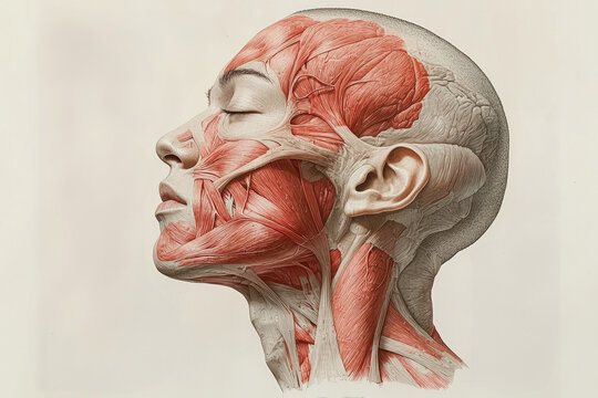 educational chart shows muscular dynamics aging face detailing key muscles such as orbicularis oculi and zygomaticus major alongside their color coded status.