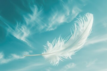 Floating Feather. Abstract Concept of White Feather Softly Floating in Blue Sky